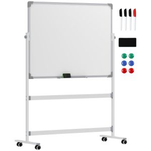 HOMCOM Tablă Magnetică cu 2 Fețe, Tablă Rotativă la 360° cu 3 Nivele Reglabile, Burete și Marker-e, 127x50x165 cm, Alb | Aosom Romania - imagine 1