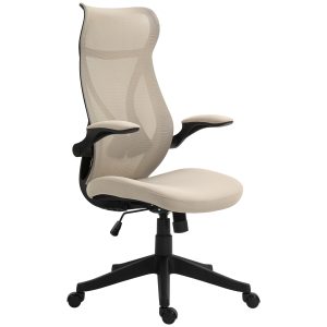 HOMCOM Scaun Ergonomic de Birou cu Brațe Rabatabile, Tetieră, Înălțime Reglabilă și Funcție de Leagăn, 66x66x121 cm, Bej | Aosom Romania - imagine 1