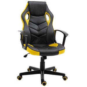 Vinsetto Scaun de Gaming Ergonomic Rotativ cu Roți din Piele Ecologică Negru și Galben Înălțime Ajustabilă | Aosom Romania - imagine 1