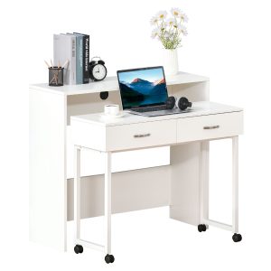 HOMCOM Birou Dublu Ergonomic Separabil cu Role, Rafturi Interioare pentru Organizare Eficientă, Design Modern, Alb, 100x36x88 cm | Aosom Romania - imagine 1