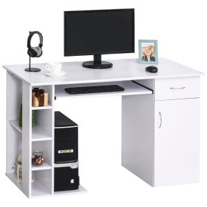 HOMCOM Birou pentru PC, Ergonomic, cu Rafturi, Dulap, Sertar și Suport pentru Tastatură Extensibilă, 120x60x74 cm, Alb | Aosom Romania - imagine 1