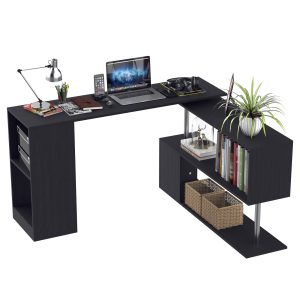 HOMCOM Birou Modern cu Rafturi Rotative 360°, Design L, Negru, PAL, 140x120x78.2cm | Aosom Romania - imagine 1