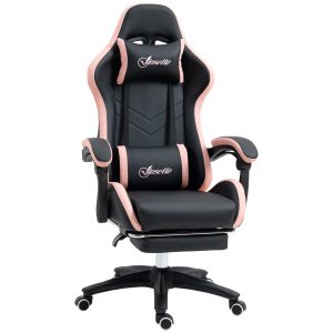 Scaun de Gaming Premium, Piele Ecologică PU, Oțel, Înălțime Ajustabilă, Spătar Inclinabil, 65x65x121-129 cm, Roz și Negru | Aosom Romania - imagine 1